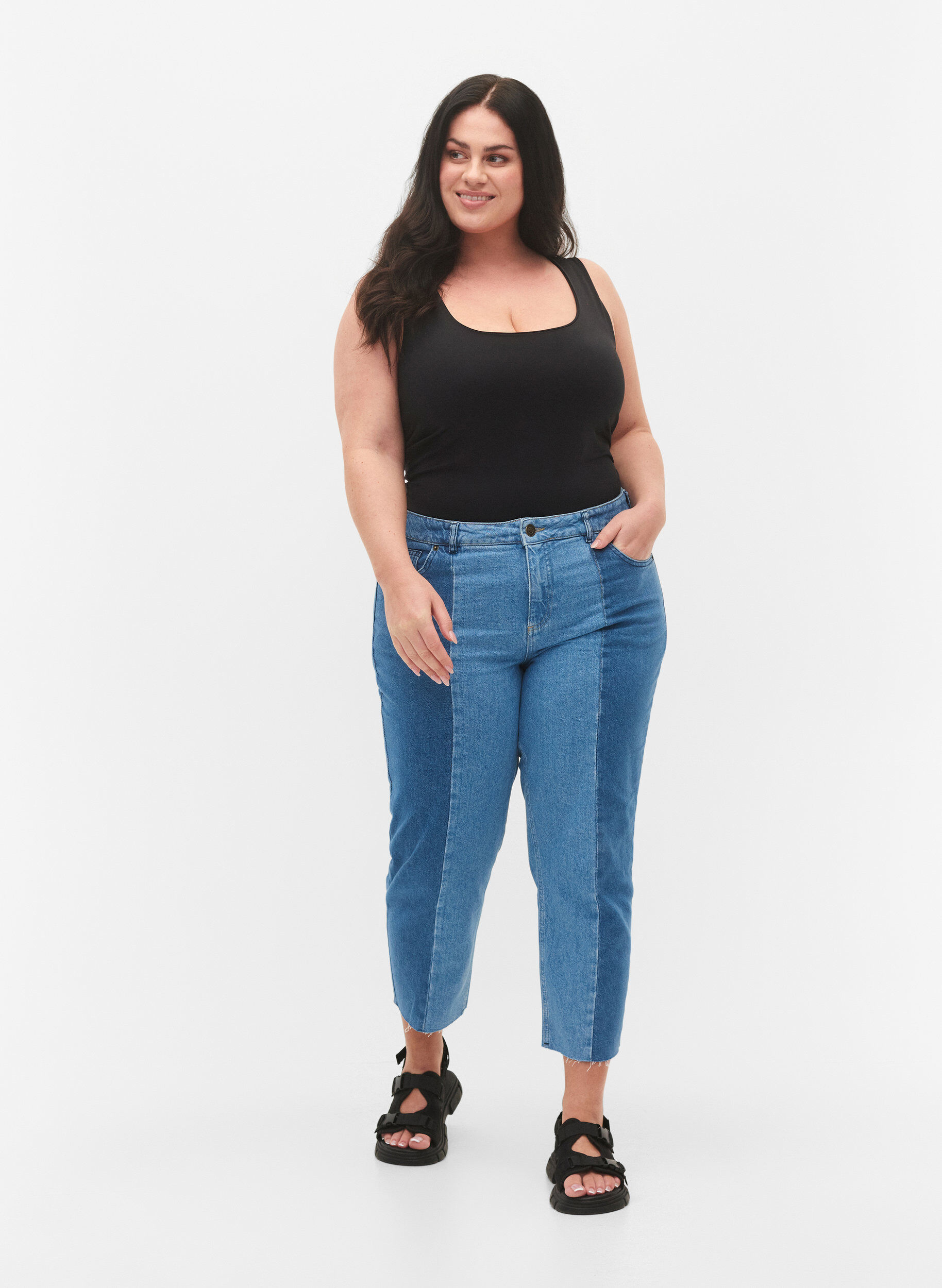 Zizzi Cropped Vera jeans met colorblock, Blue denim, Model image number 0
