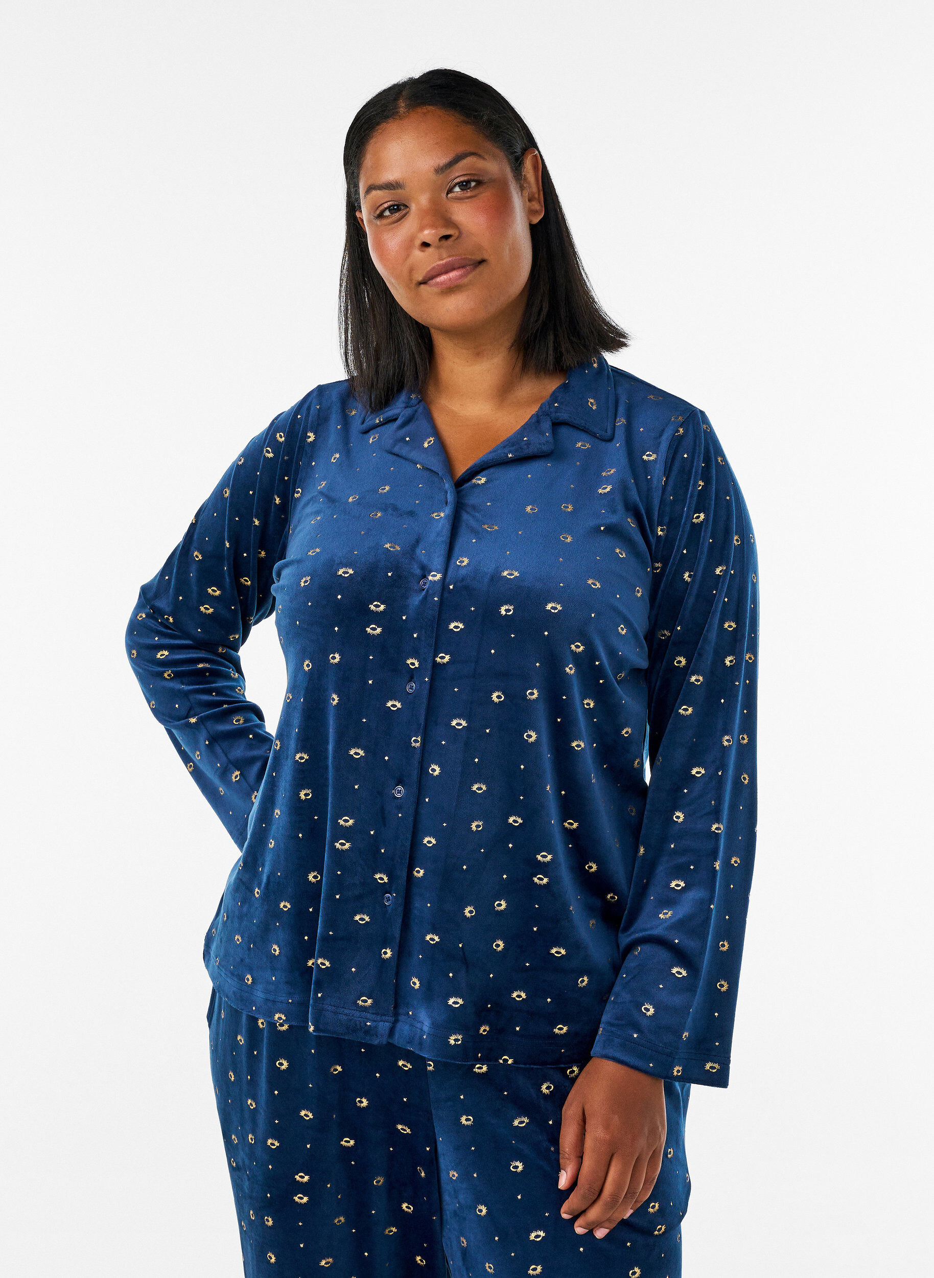 ZizziVelour pyjamashirt met een all-over print, Blauw, Model image number 0