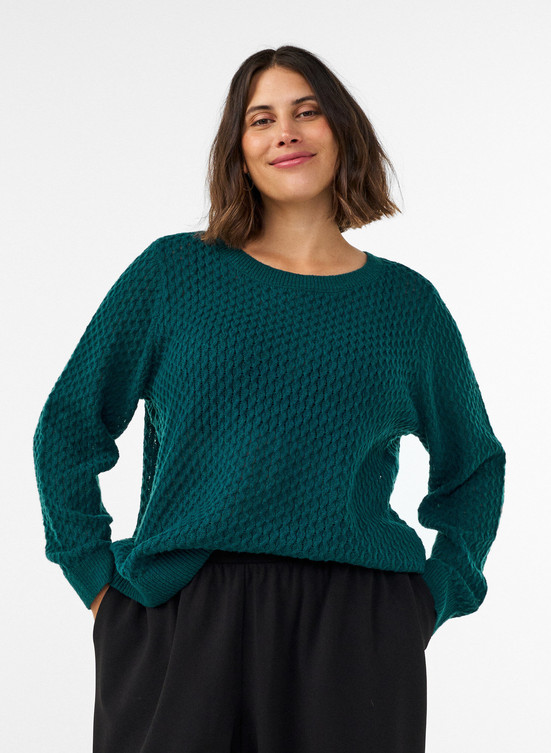 ZizziGebreide blouse met een opengewerkt structuurpatroon, Groen, Model image number 0