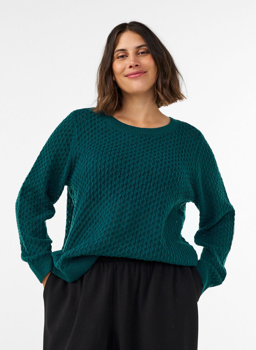 Gebreide blouse met een opengewerkt structuurpatroon, Groen, Model image number 0