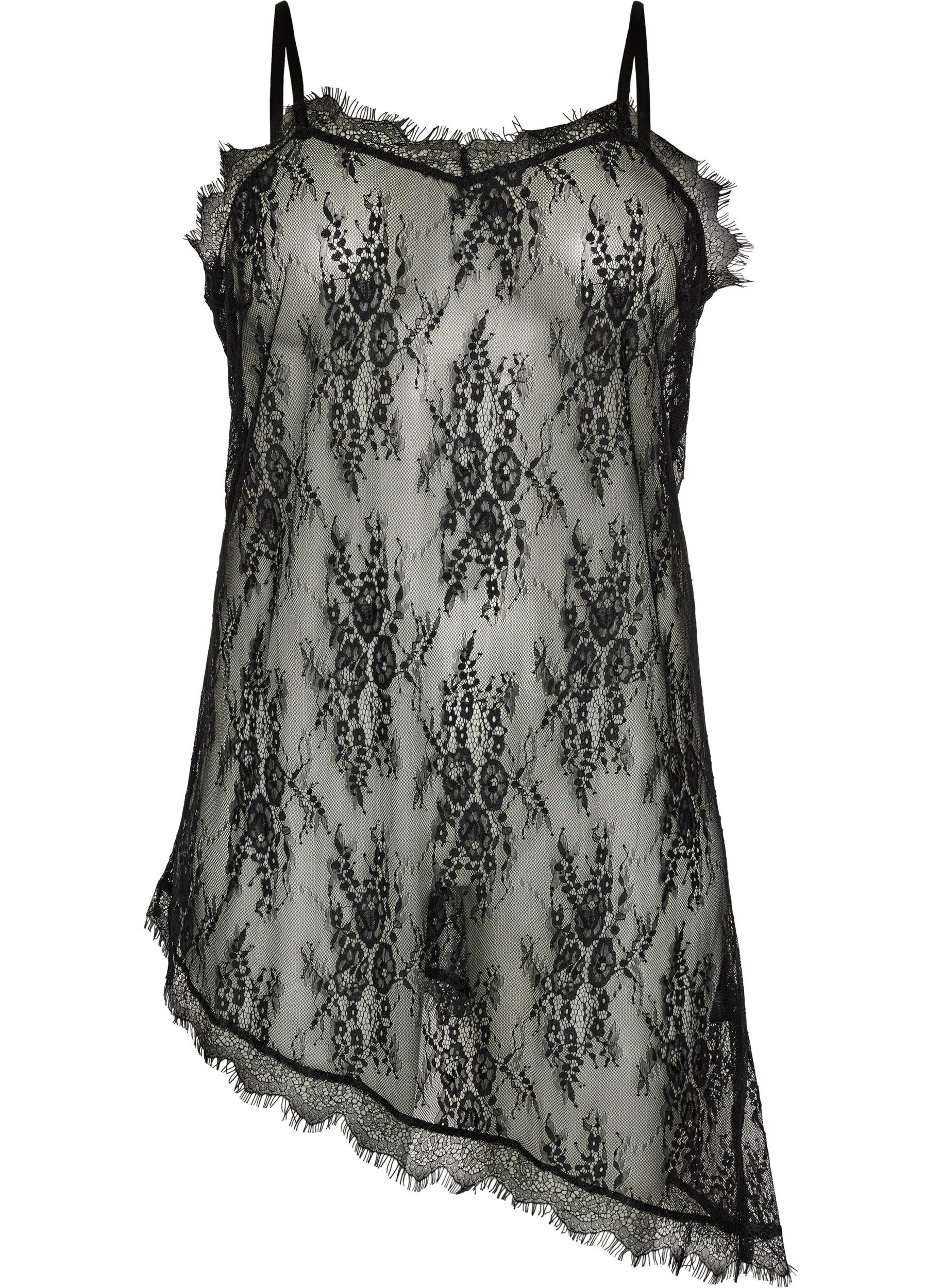 ZizziKanten jurk met asymmetrische snit, Zwart, Packshot image number 0