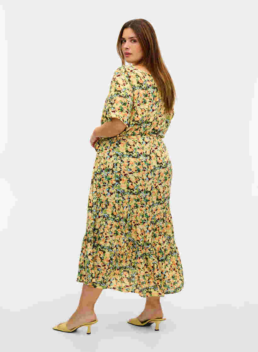 Midi-jurk met korte mouwen in viscose, Yellow Summer AOP, Model image number 0