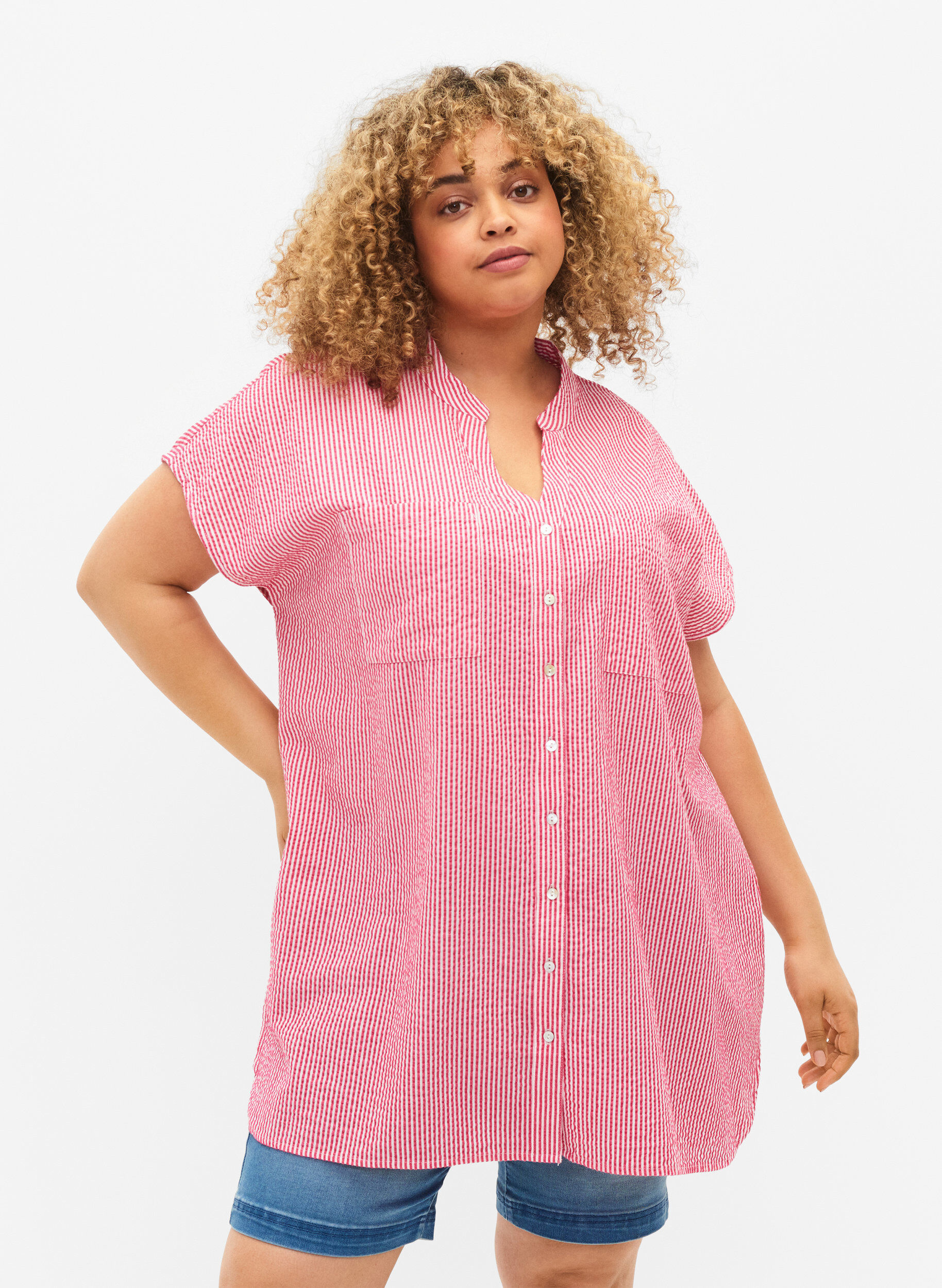 Zizzi Katoenen overhemd met korte mouwen en strepen, Beetroot P. Stripe, Model image number 0