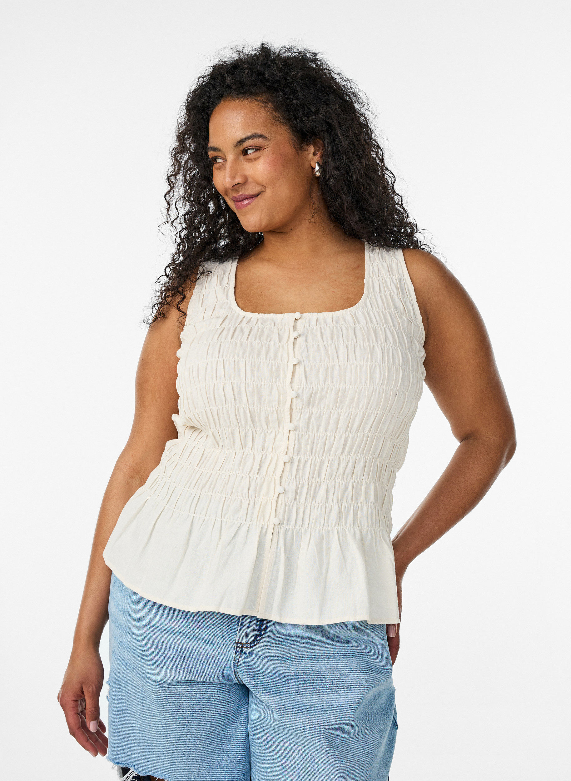 Mouwloze top van katoen en linnen met smock, Vanille, Model
