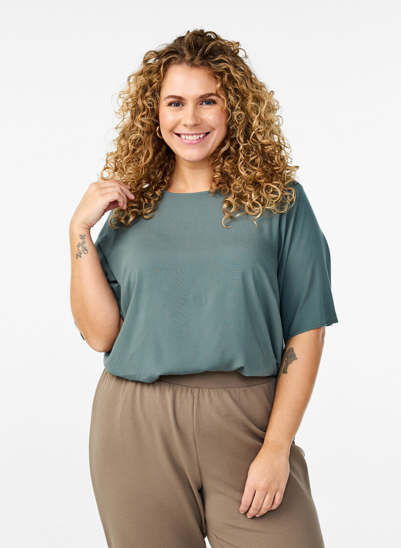 Geweven blouse met korte mouwen en ronde hals, Groen, Model image number 0