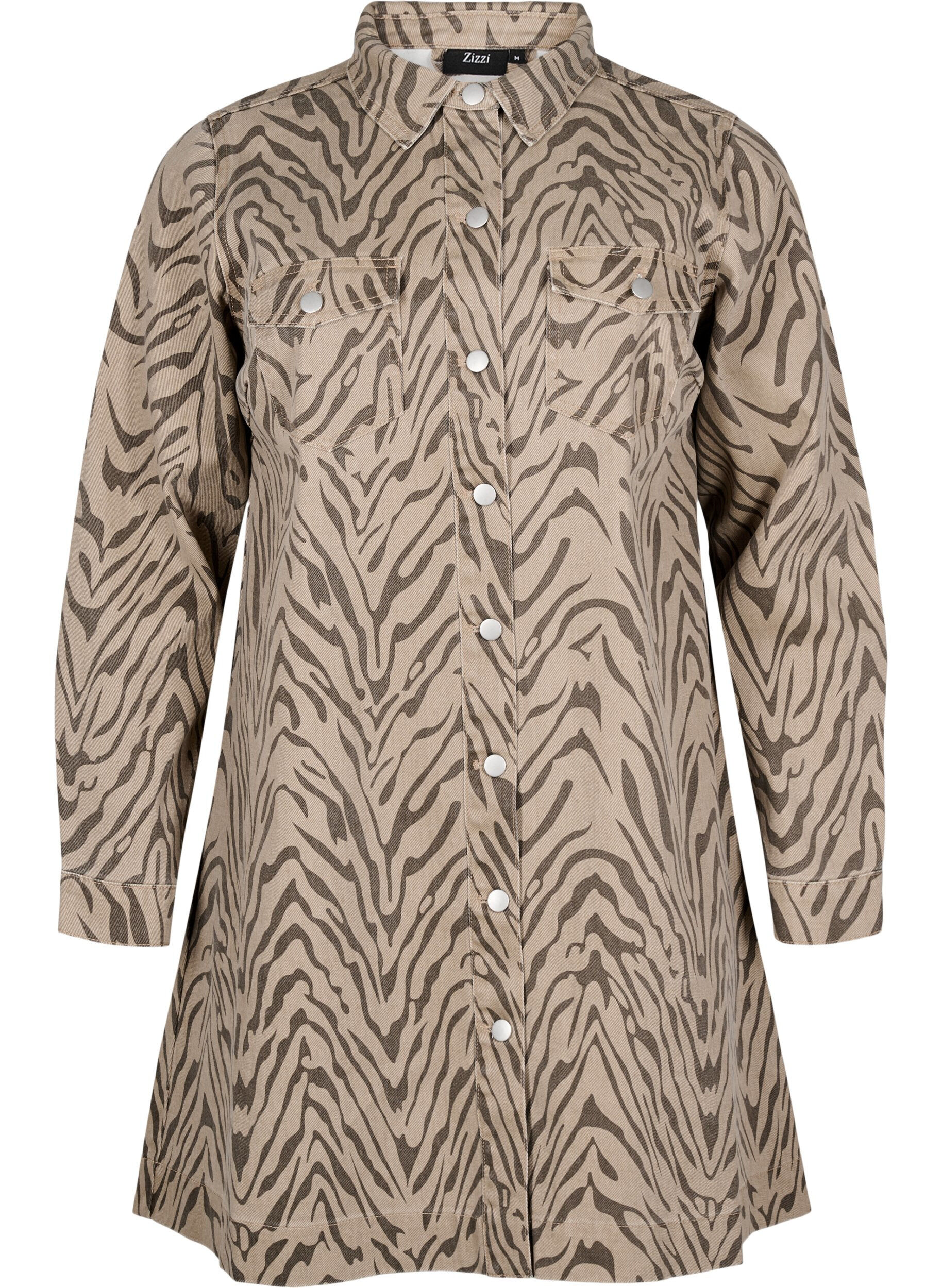 Zizzi Denimjurk met lange mouwen en zebraprint, Bruin, Packshot image number 0