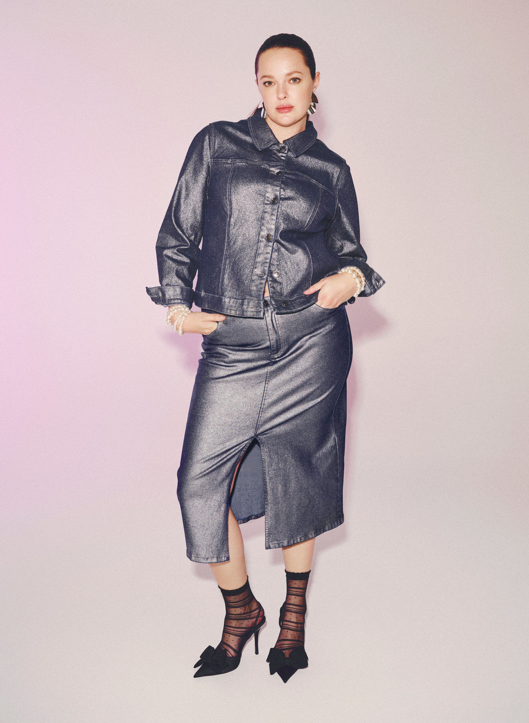 Zizzi Zilverkleurige midi-rok, Gun Sliver, Image image number 0