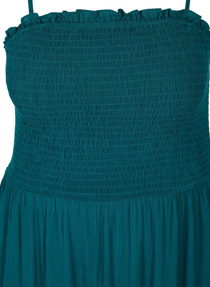 Viscose strandjurk met smokwerk en borduursel anglaise, Deep Teal, Packshot image number 2