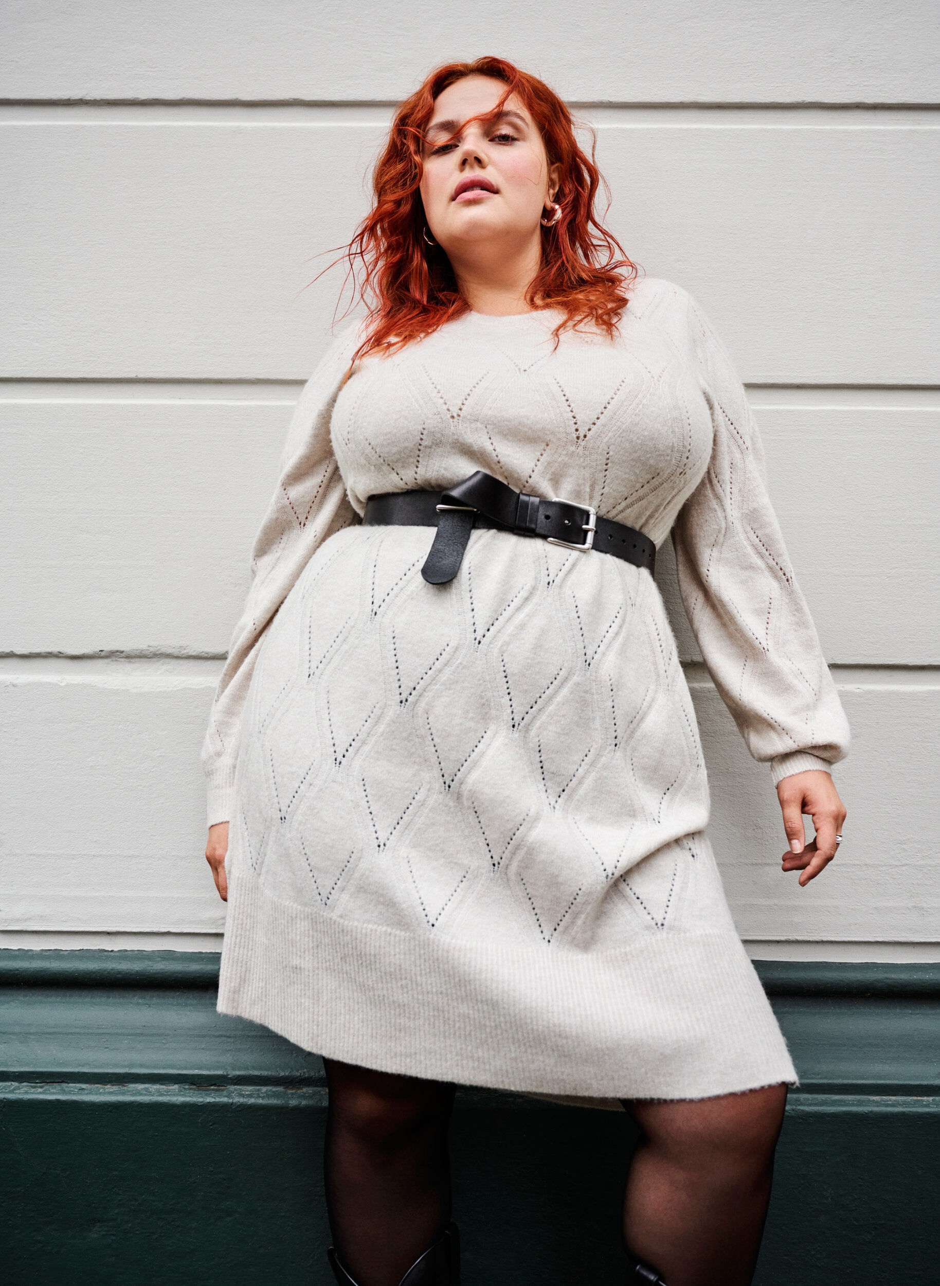 Zizzi Gebreide jurk met lange mouwen en gaatjespatroon, Birch Mel., Image image number 0