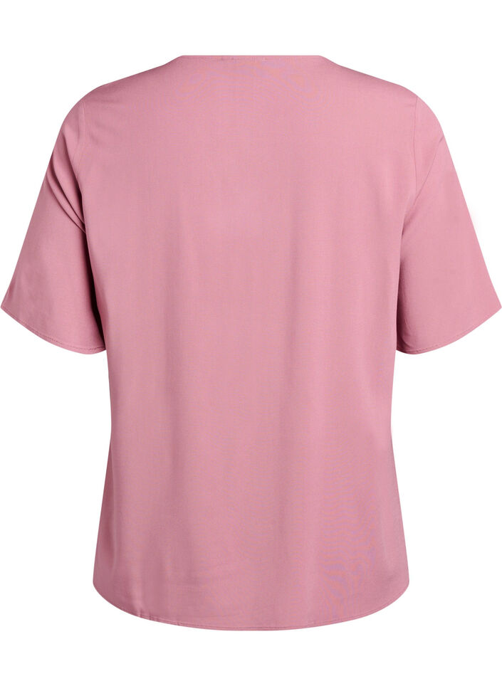 Geweven blouse met korte mouwen en ronde hals, Roze, Packshot image number 1