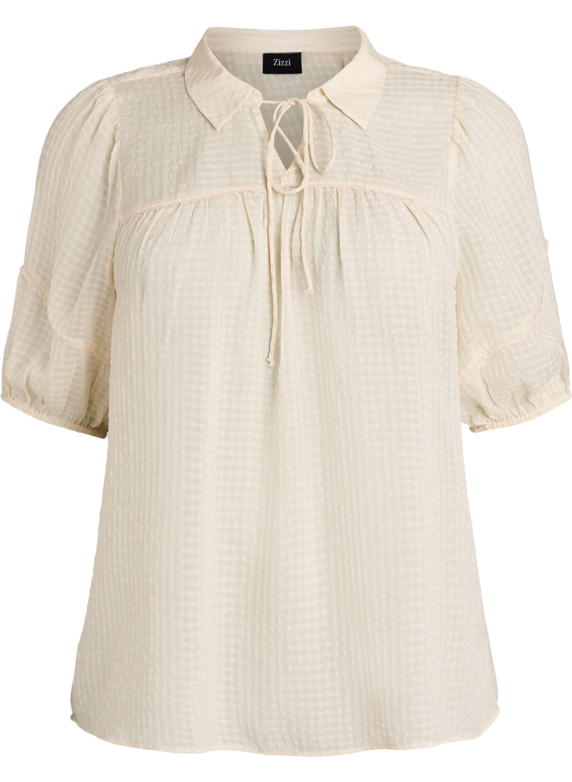 ZizziBlouse in seersucker met strikkoord, Beige, Packshot image number 0