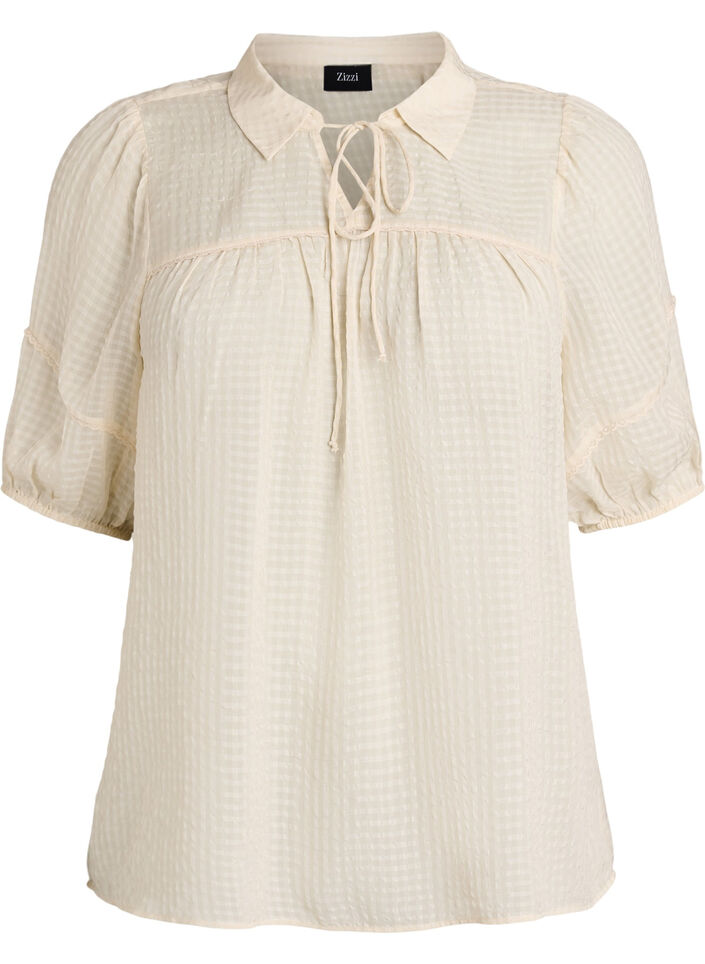 Blouse in seersucker met strikkoord, Beige, Packshot image number 0