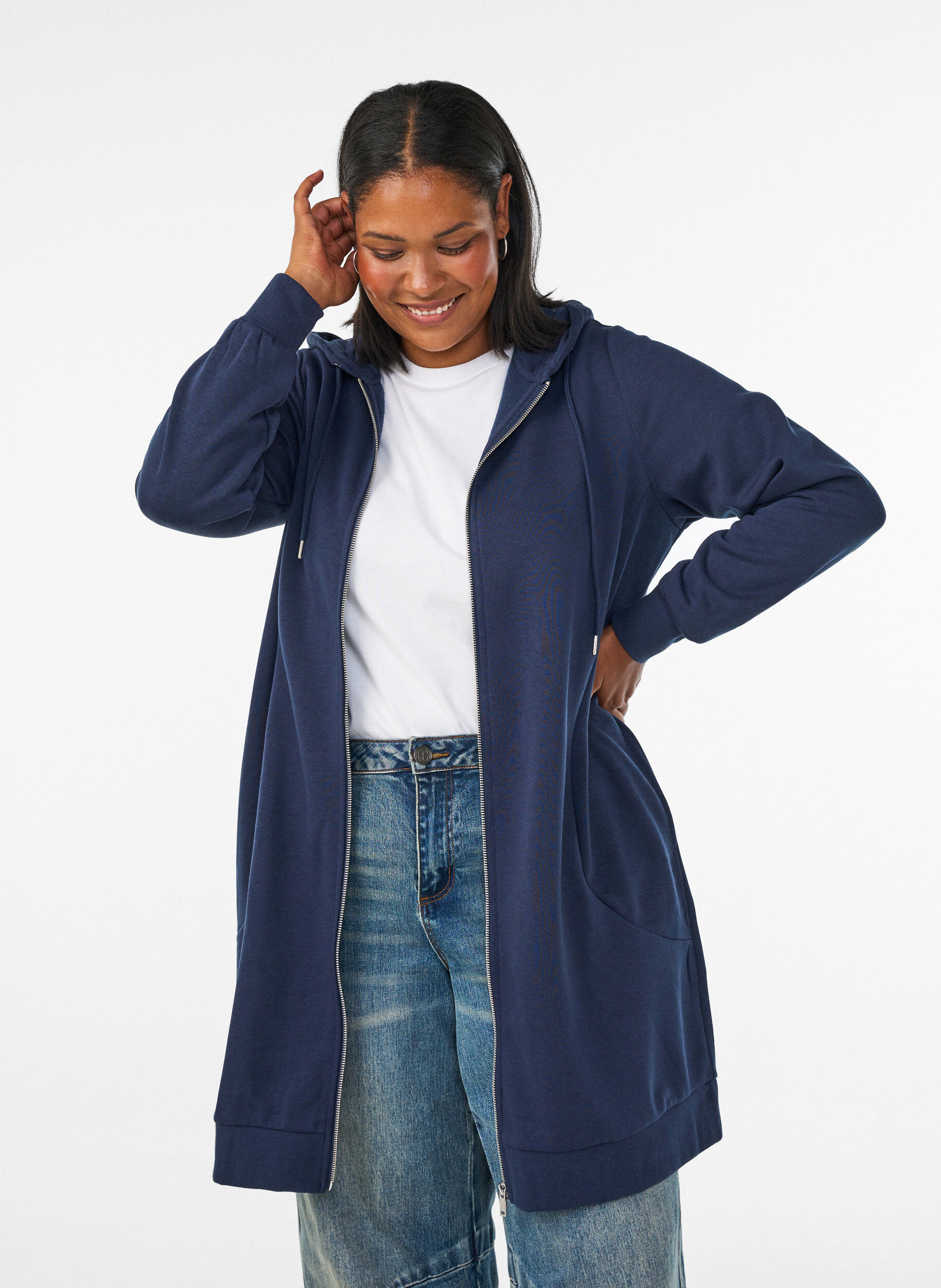 Lange hoodie met ritssluiting en zakken, Blauw, Model