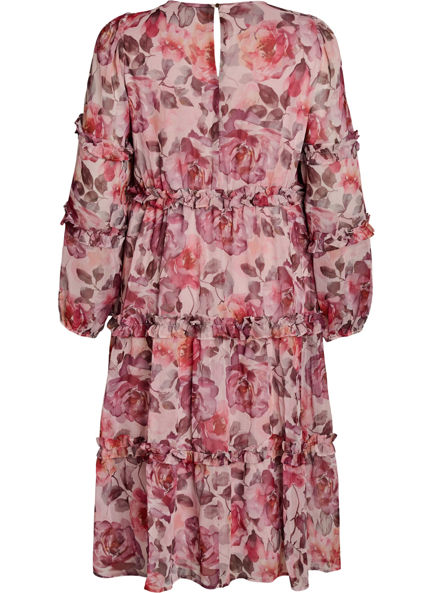 Zizzi Midi-jurk met bloemenprint met ruches en doorschijnende mouwen, Roze, Packshot image number 1