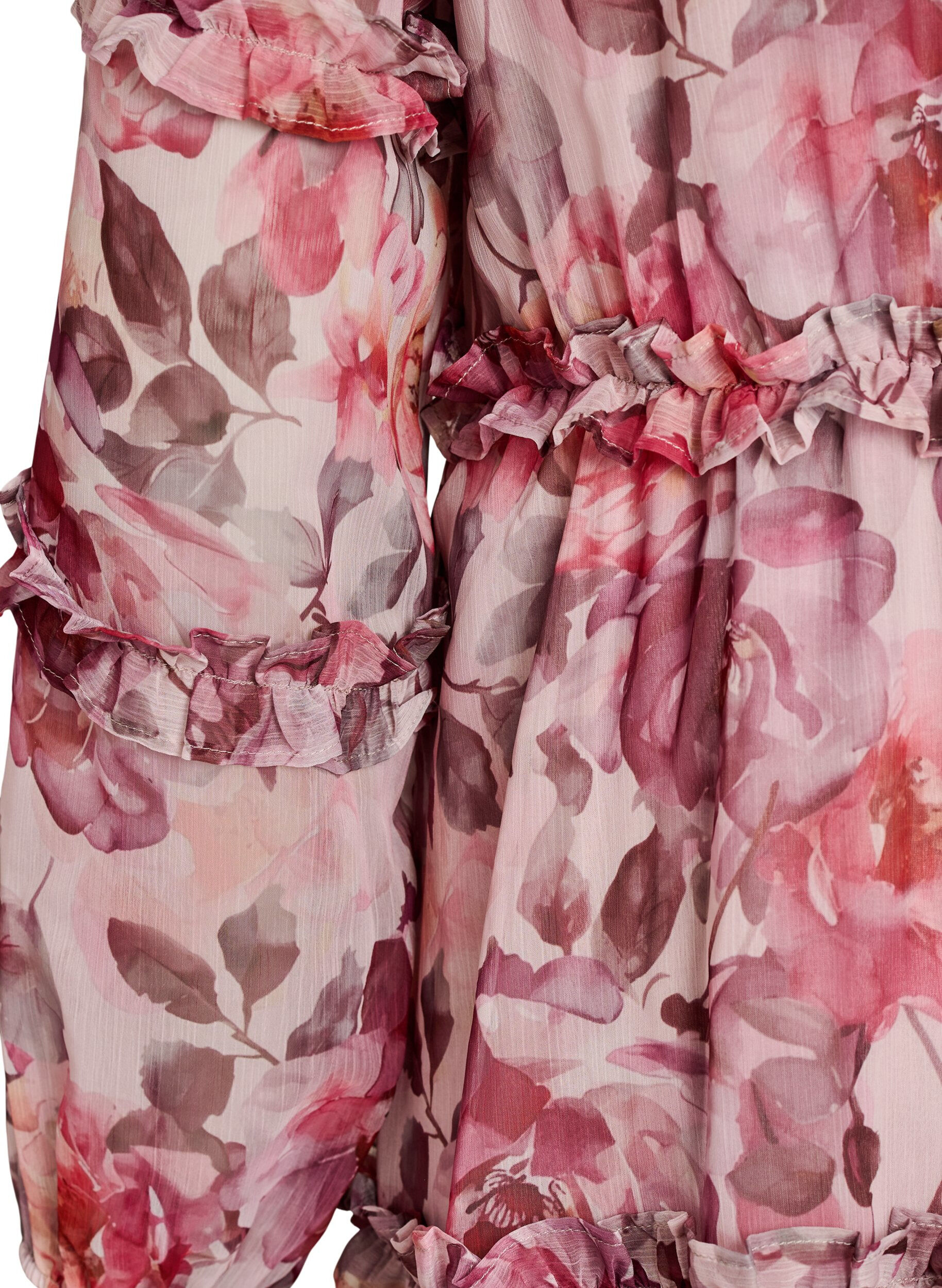 Zizzi Midi-jurk met bloemenprint met ruches en doorschijnende mouwen, Roze, Packshot image number 3