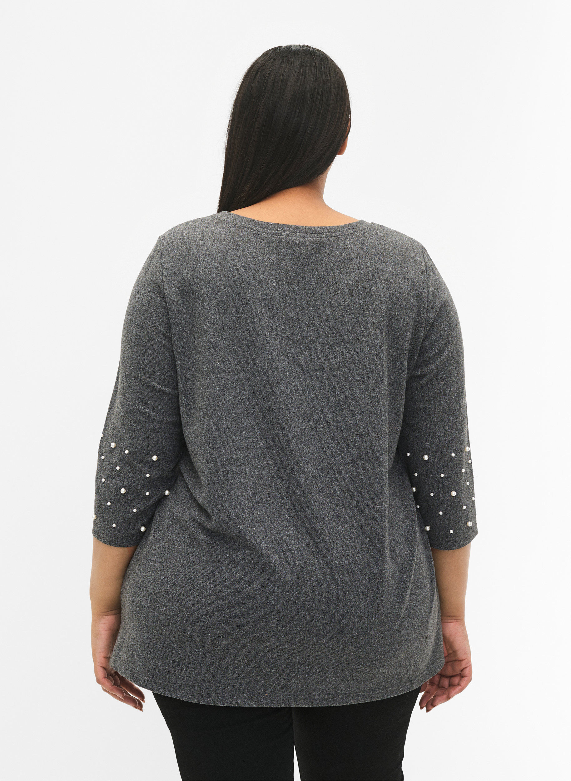 Zizzi Blouse met parels en 3/4 mouwen, Dark Grey Melange, Model image number 1