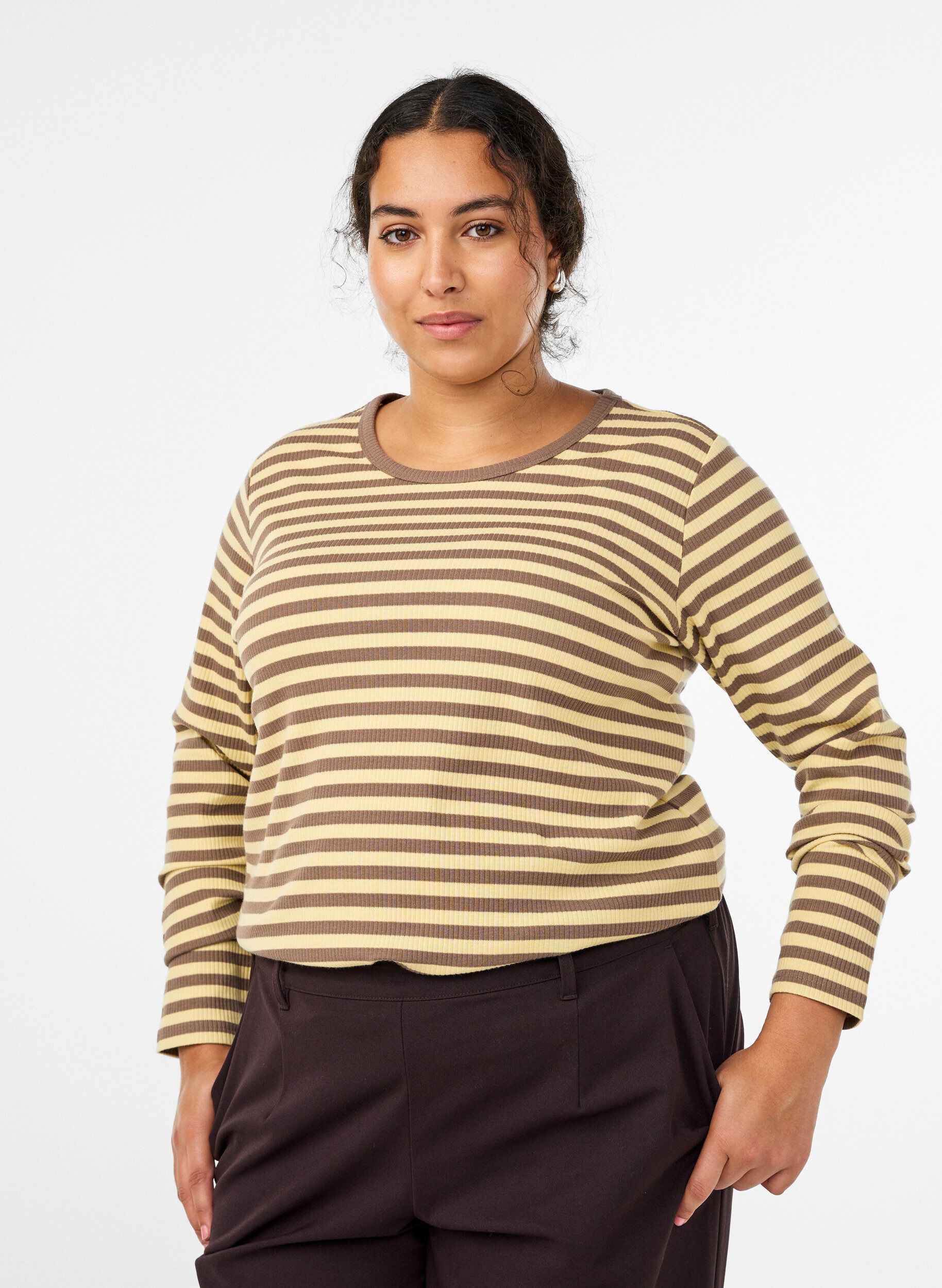 Gestreepte blouse met lange mouwen, Bruin, Model