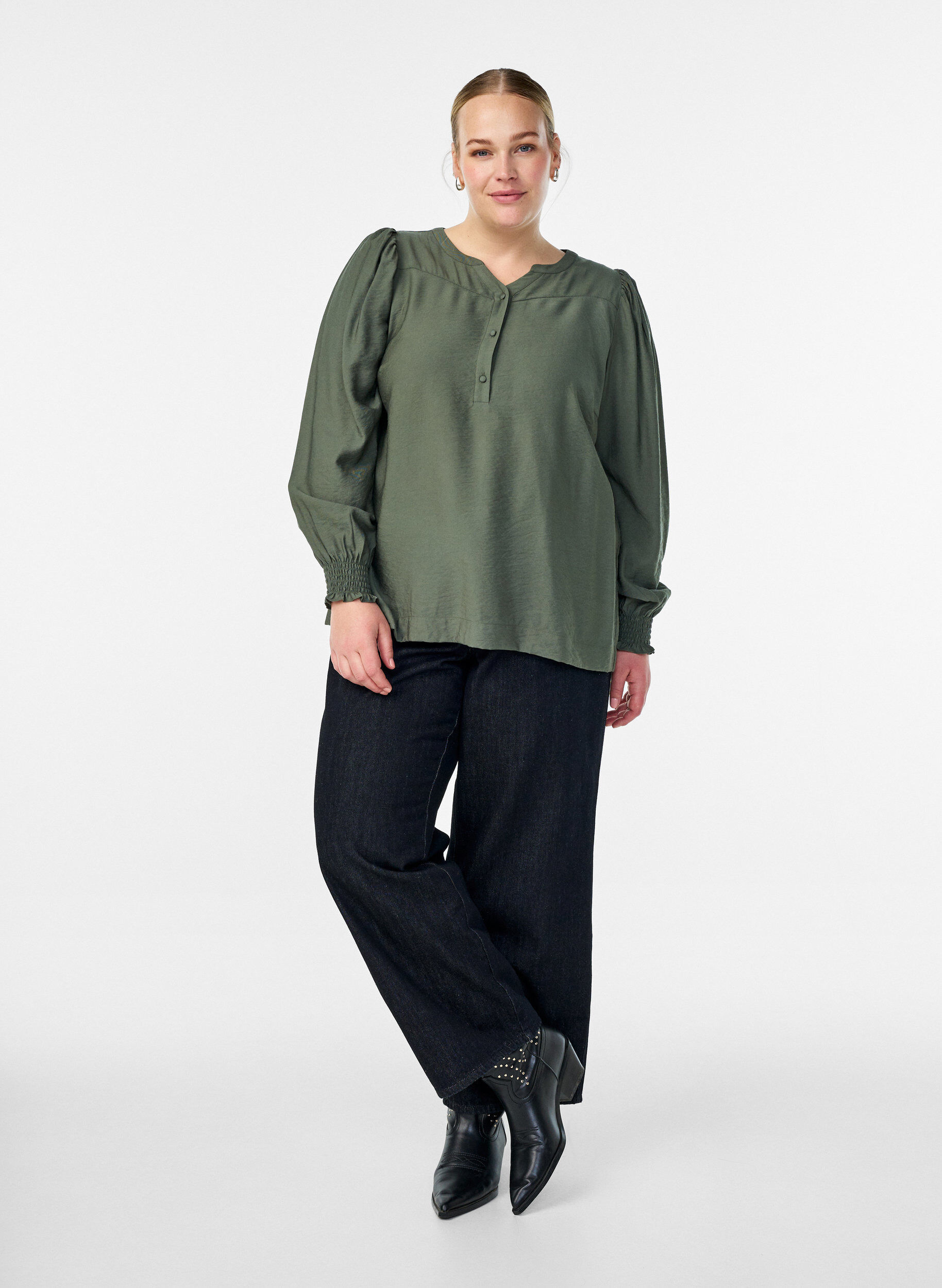 ZizziViscose blouse met smock en geplooide details, Groen, Model image number 1