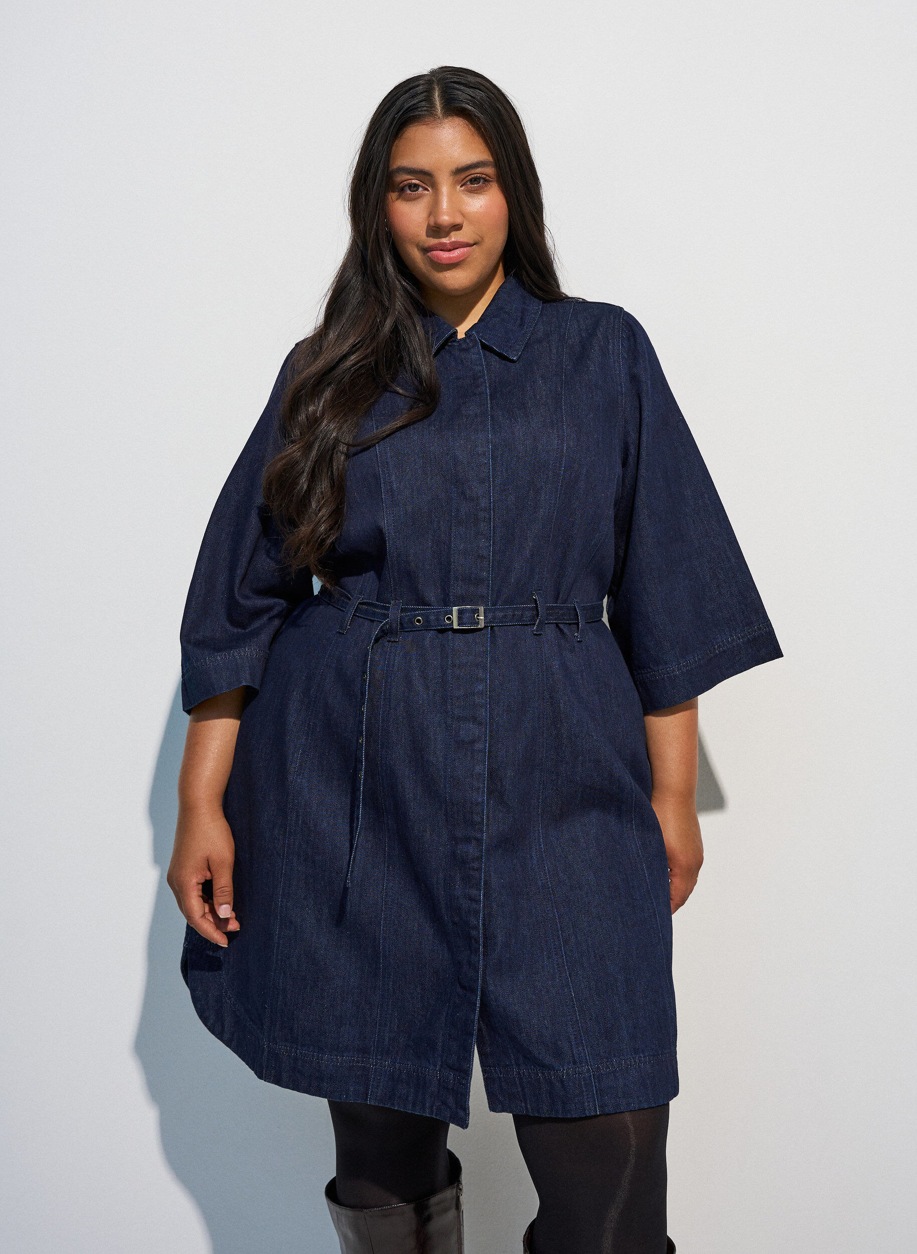 ZizziDenimjurk met riem en 3/4-mouwen, Blauw, Model image number 0