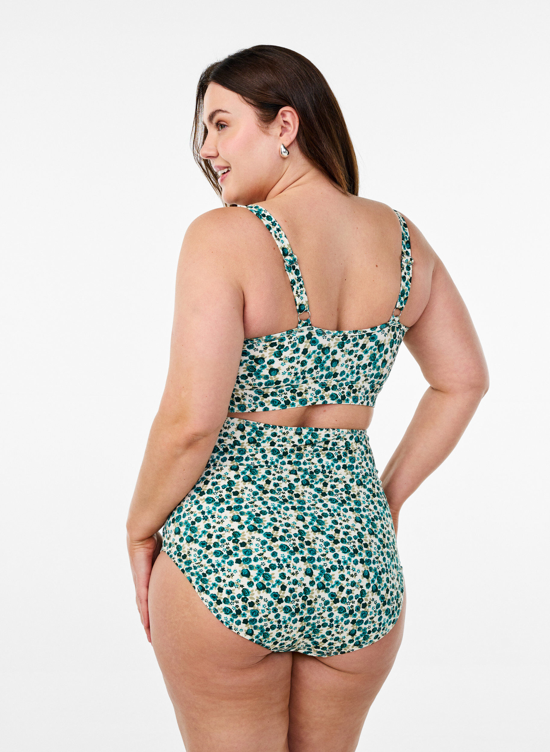 Zizzi Bloemen bikinitop met ruches, Groen, Model image number 2