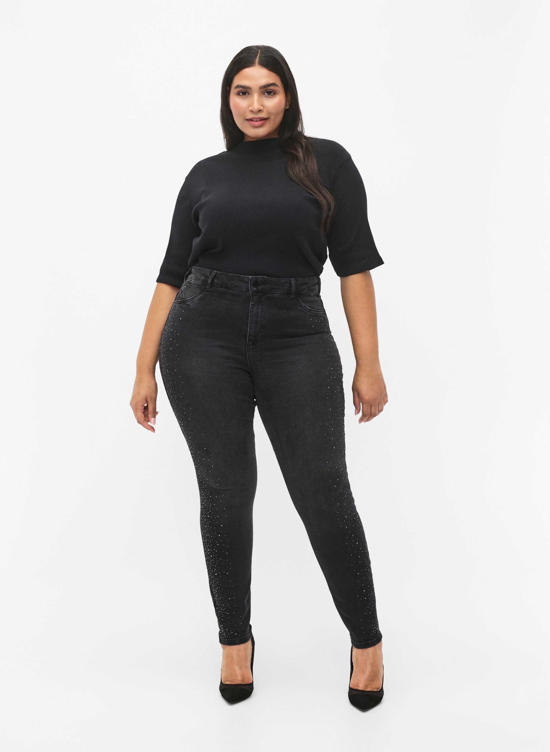Zizzi  Amy jeans met hoge taille en strassteentjes, Grey Denim, Model image number 0