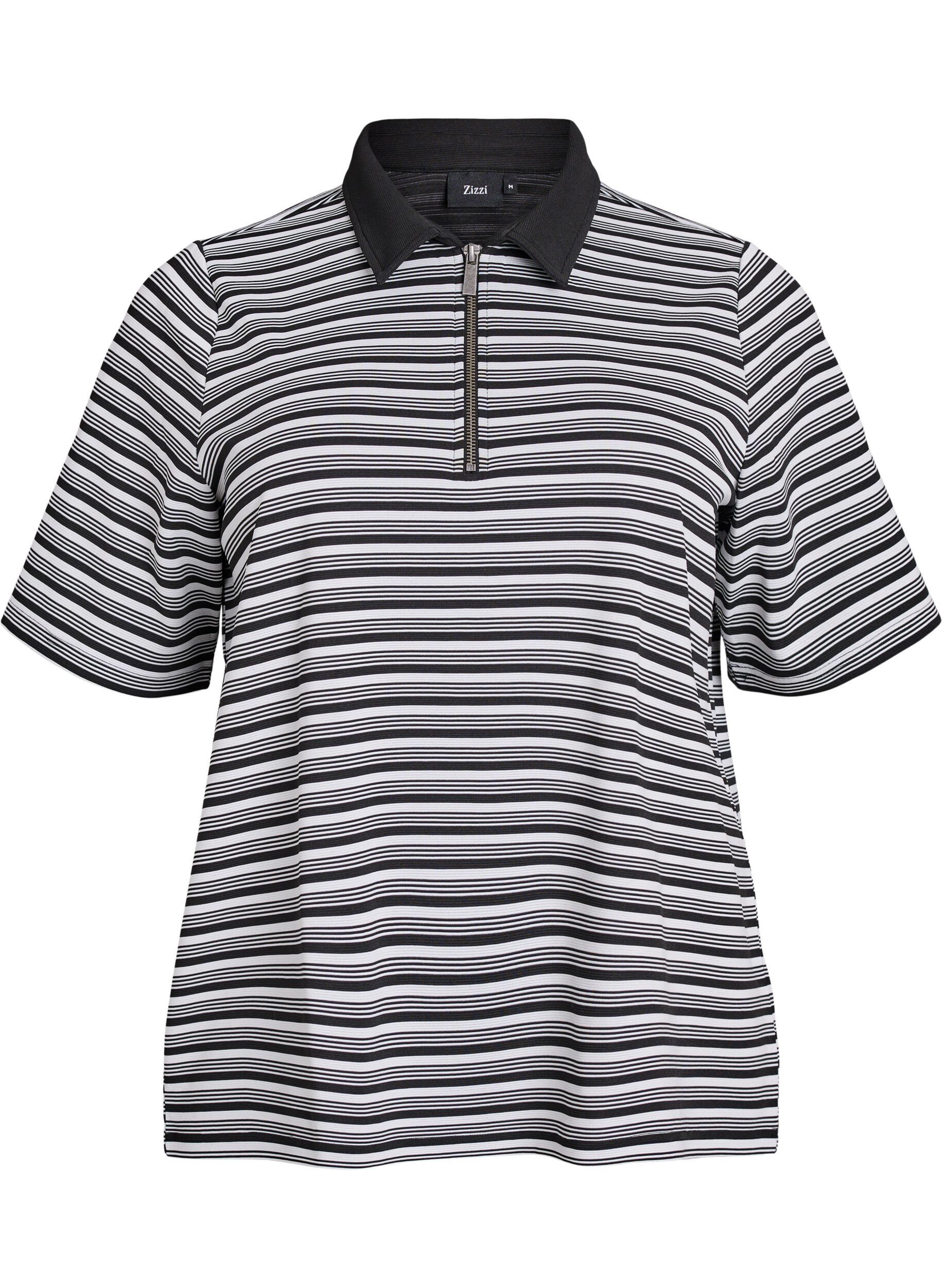 Zizzi Gestreept poloshirt met korte mouwen en rits, Zwart, Packshot image number 0