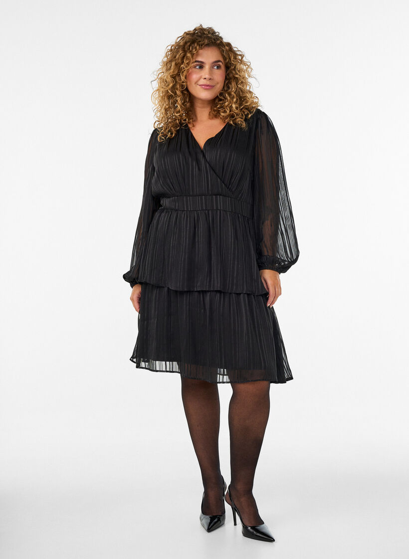 Jurk tot op de knie met transparante strepen en wikkeleffect, Zwart, Model image number 1