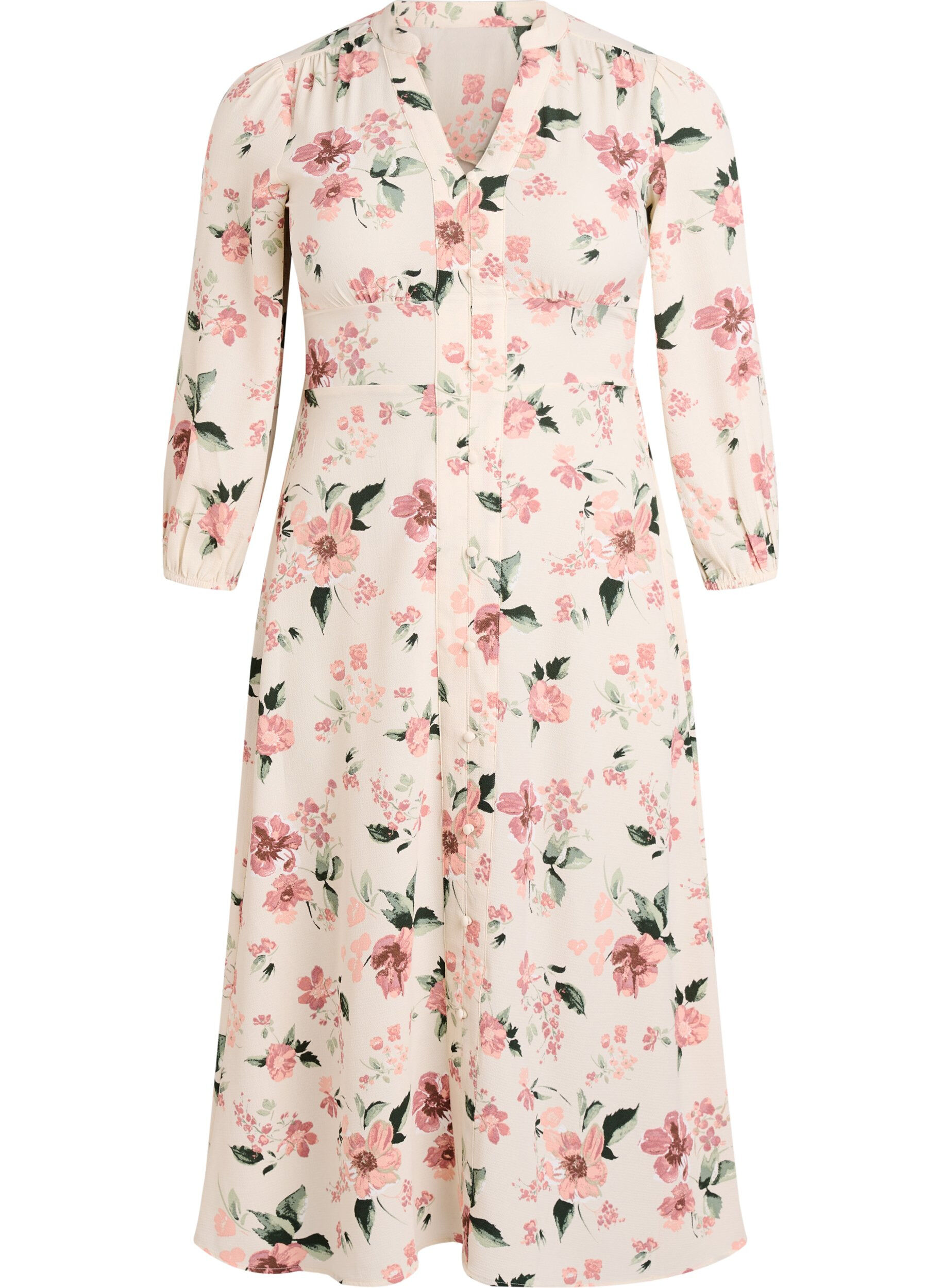 ZizziMidi-jurk met smock en decoratieve knopen, Beige, Packshot image number 0
