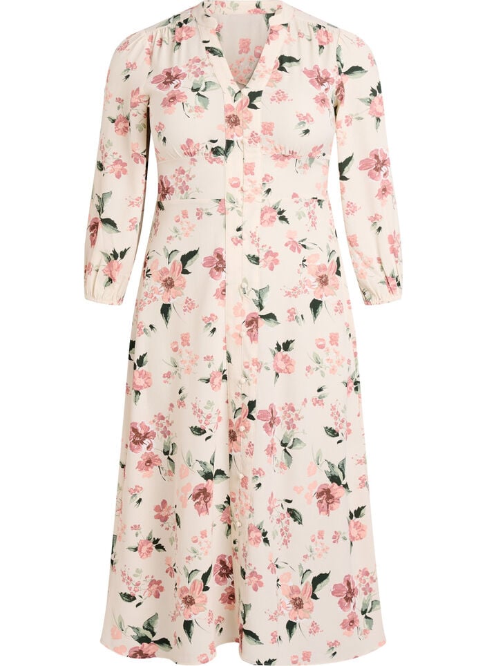 Midi-jurk met smock en decoratieve knopen, Beige, Packshot image number 0