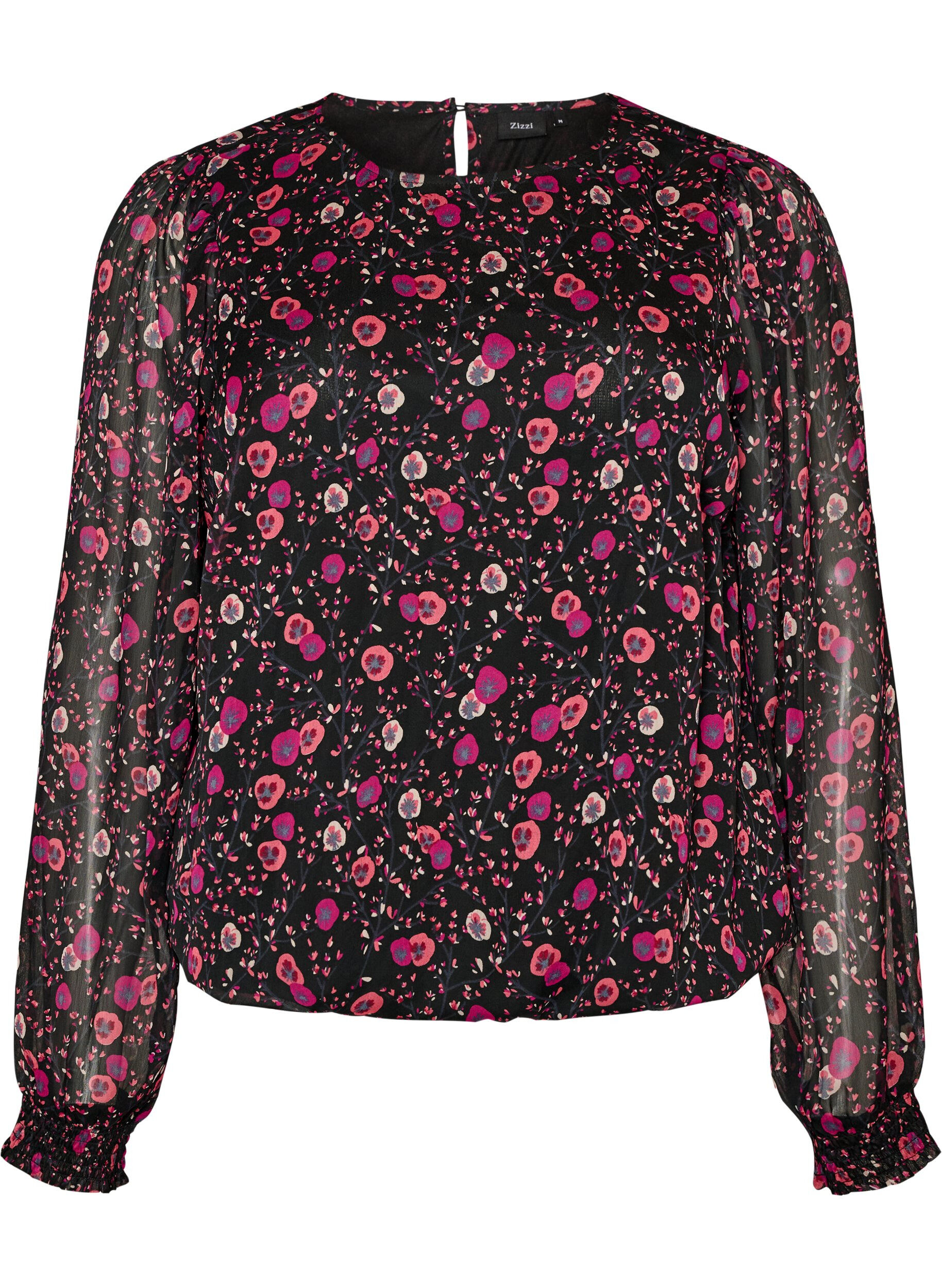 ZizziChiffon blouse met bloemenprint en sheer mouwen, Zwart, Packshot image number 0