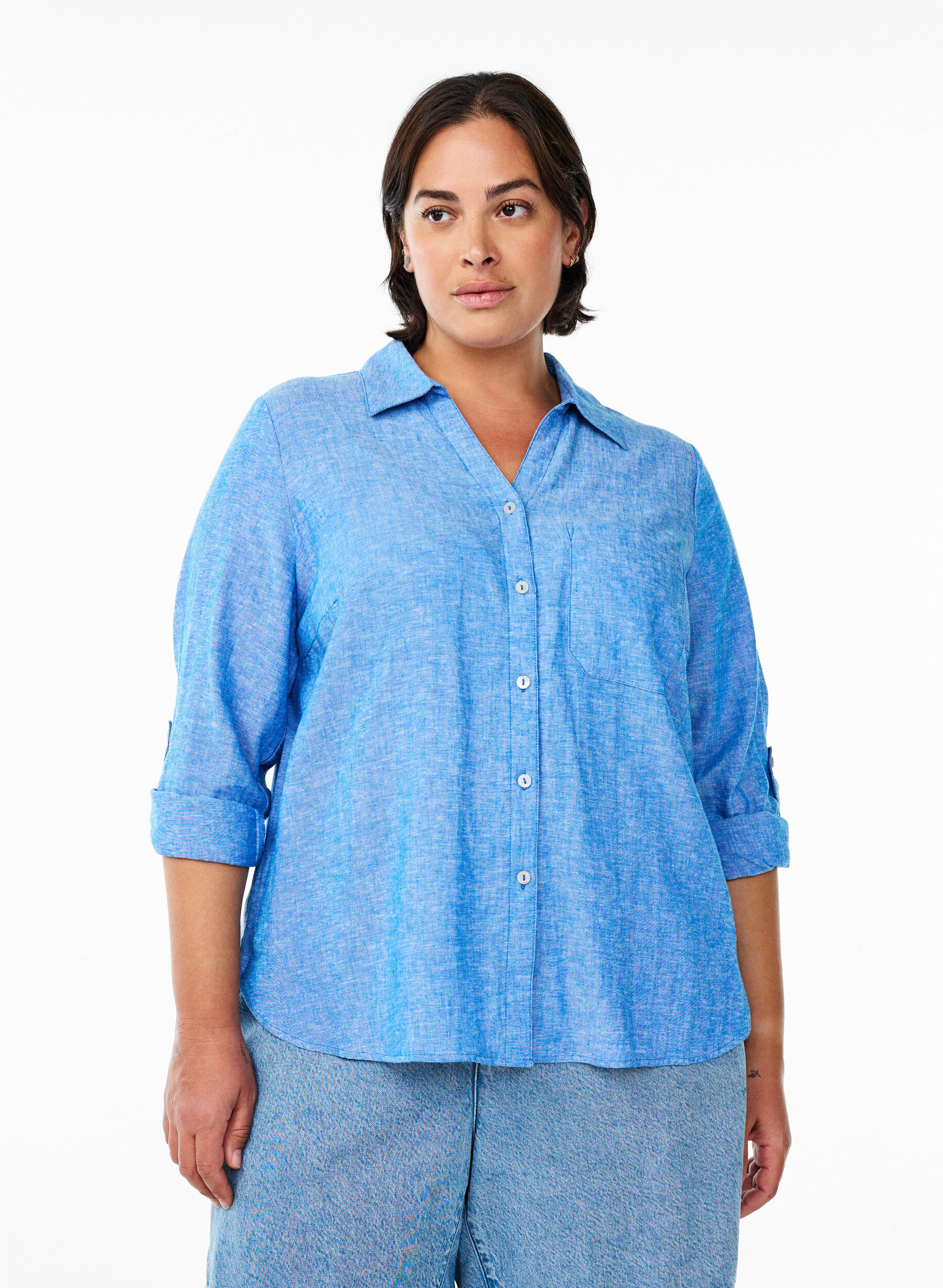 ZizziLinnen en viscose shirt met 3/4 mouwen, Blauw, Model image number 0