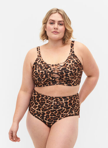 Hoog getailleerd bikinibroekje met luipaardprint, Leopard Print, Model image number 0
