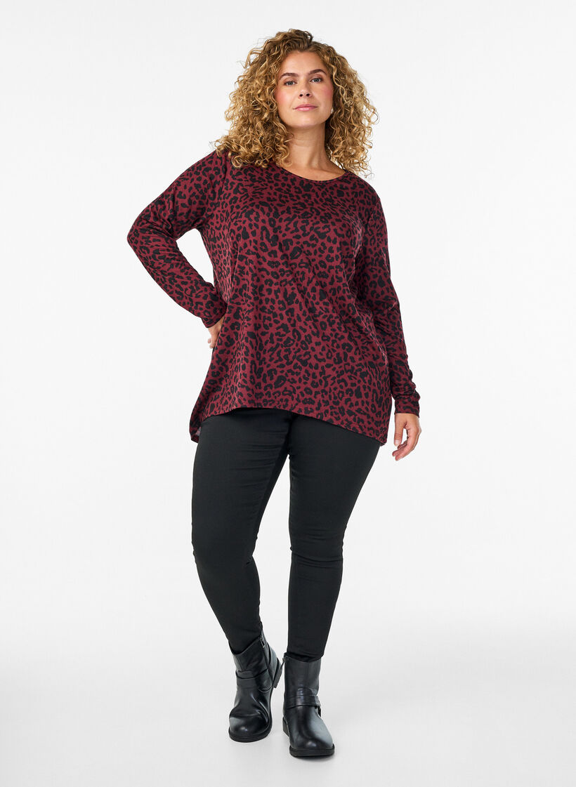 Luipaardprint blouse met lange mouwen, Donker Bordeaux, Model image number 1