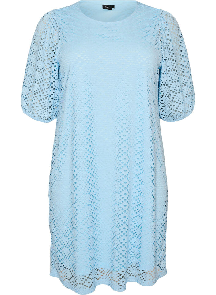 Knee-length dress with eyelet pattern and short sleeves, Light Blue, Packshot image number 0