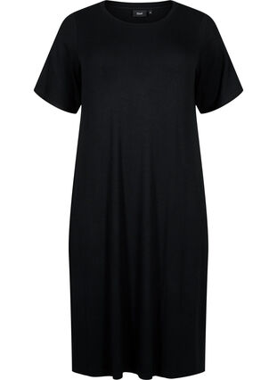 Halflange jurk met korte mouwen van viscose ribstof, Black, Packshot image number 0