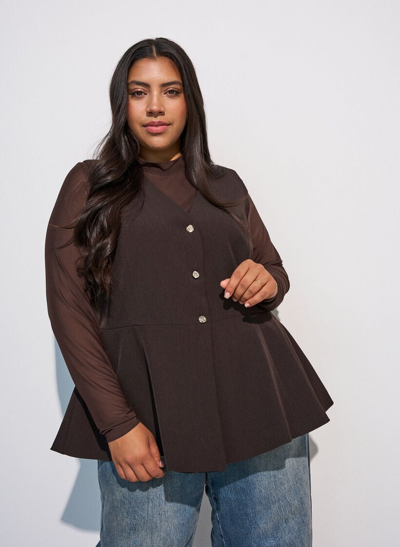 Getailleerde blouse van mesh met lange mouwen, Bruin, Model image number 0
