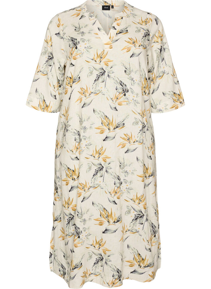Midi-jurk in linnen en viscose met 1/2 mouwen, Wit, Packshot image number 0