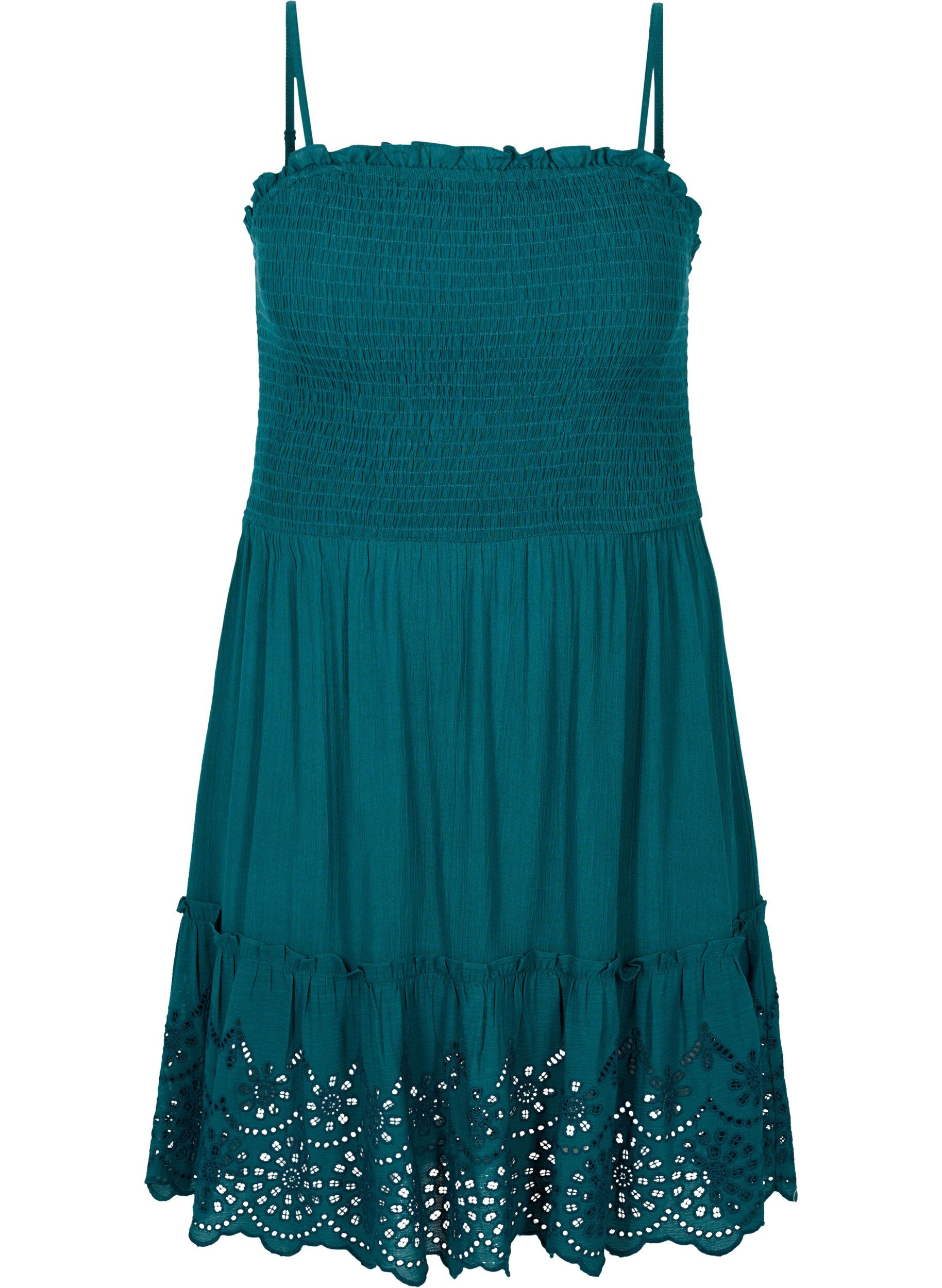 Zizzi Viscose strandjurk met smokwerk en borduursel anglaise, Deep Teal, Packshot image number 0