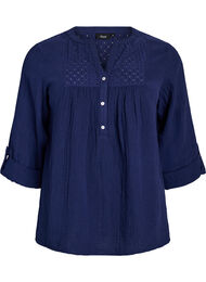 Blouse in katoenen mousseline met broderie anglaise, Blauw