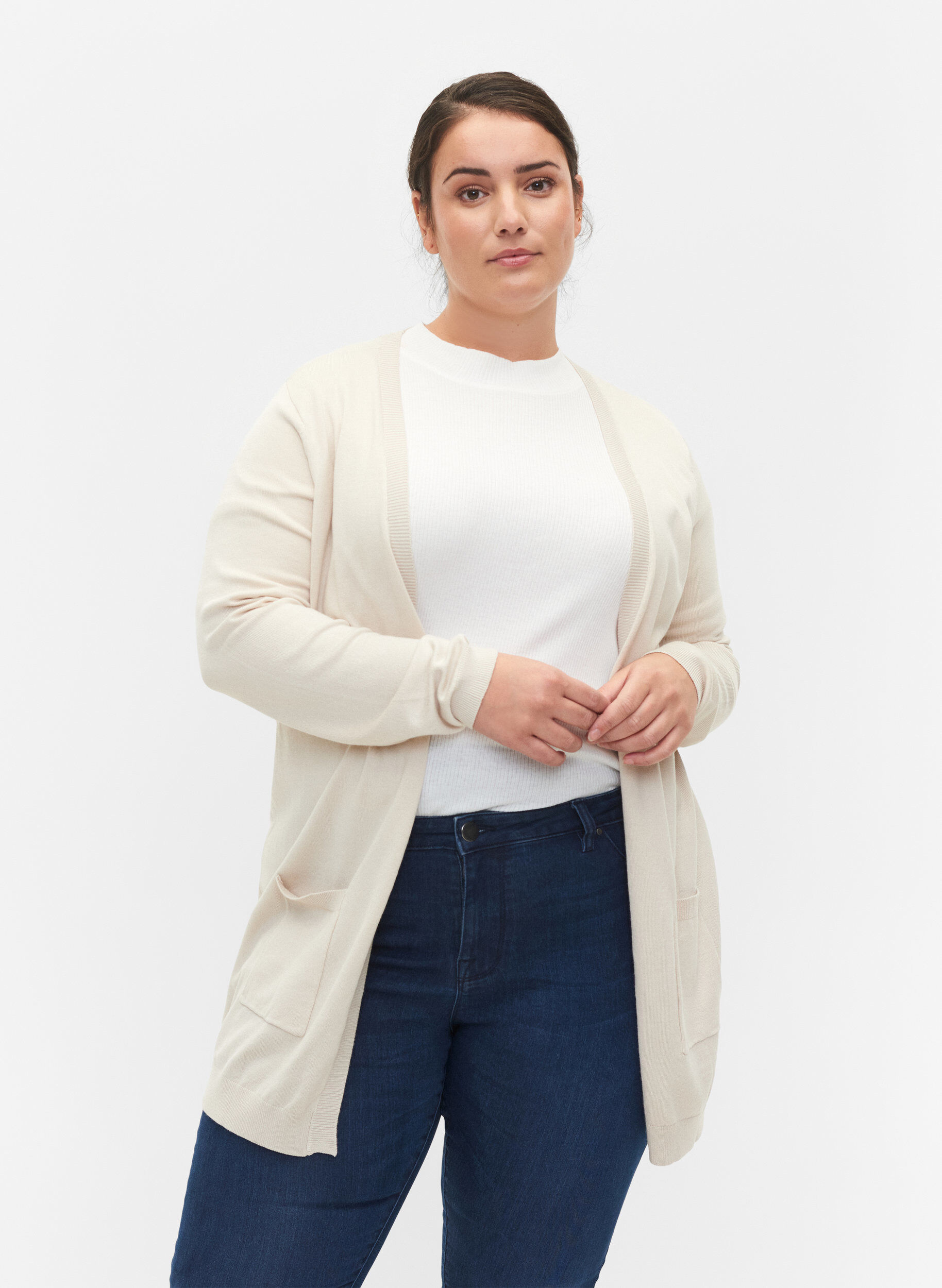 ZizziLang gebreid vest in viscosemix, Beige, Model image number 0