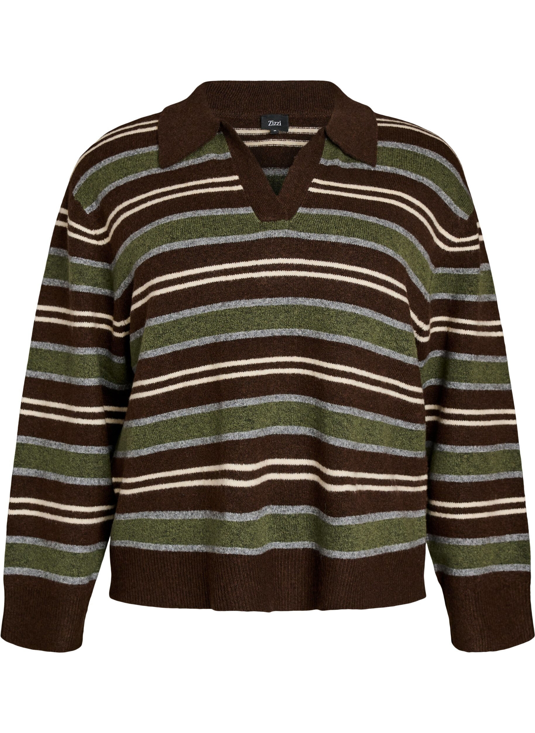 ZizziGebreide blouse met strepen en polokraag, Bruin, Packshot image number 0