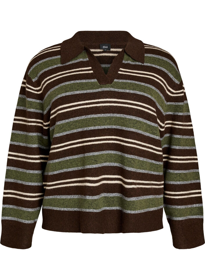 Gebreide blouse met strepen en polokraag, Bruin, Packshot image number 0