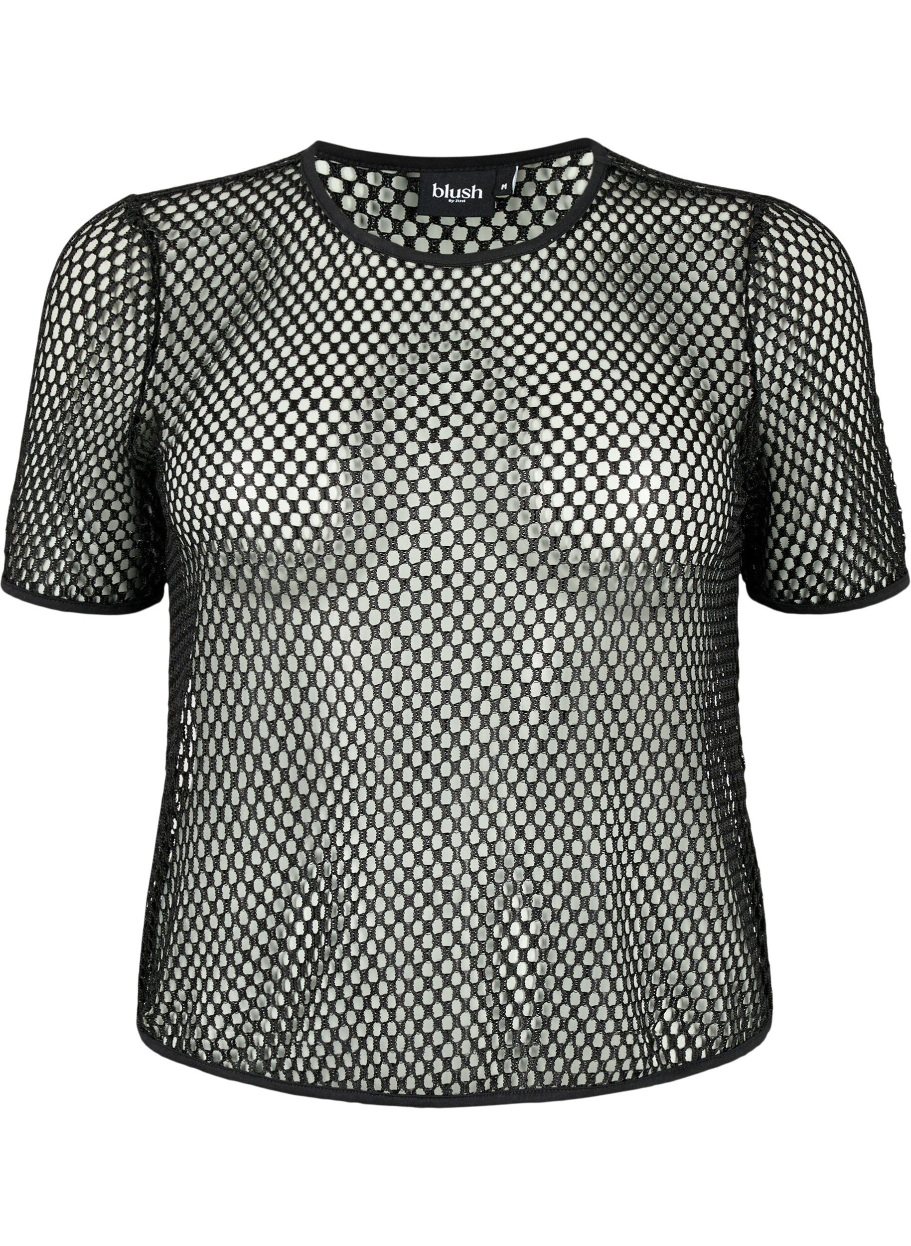 Zizzi Mesh blouse met korte mouwen, Black, Packshot image number 0