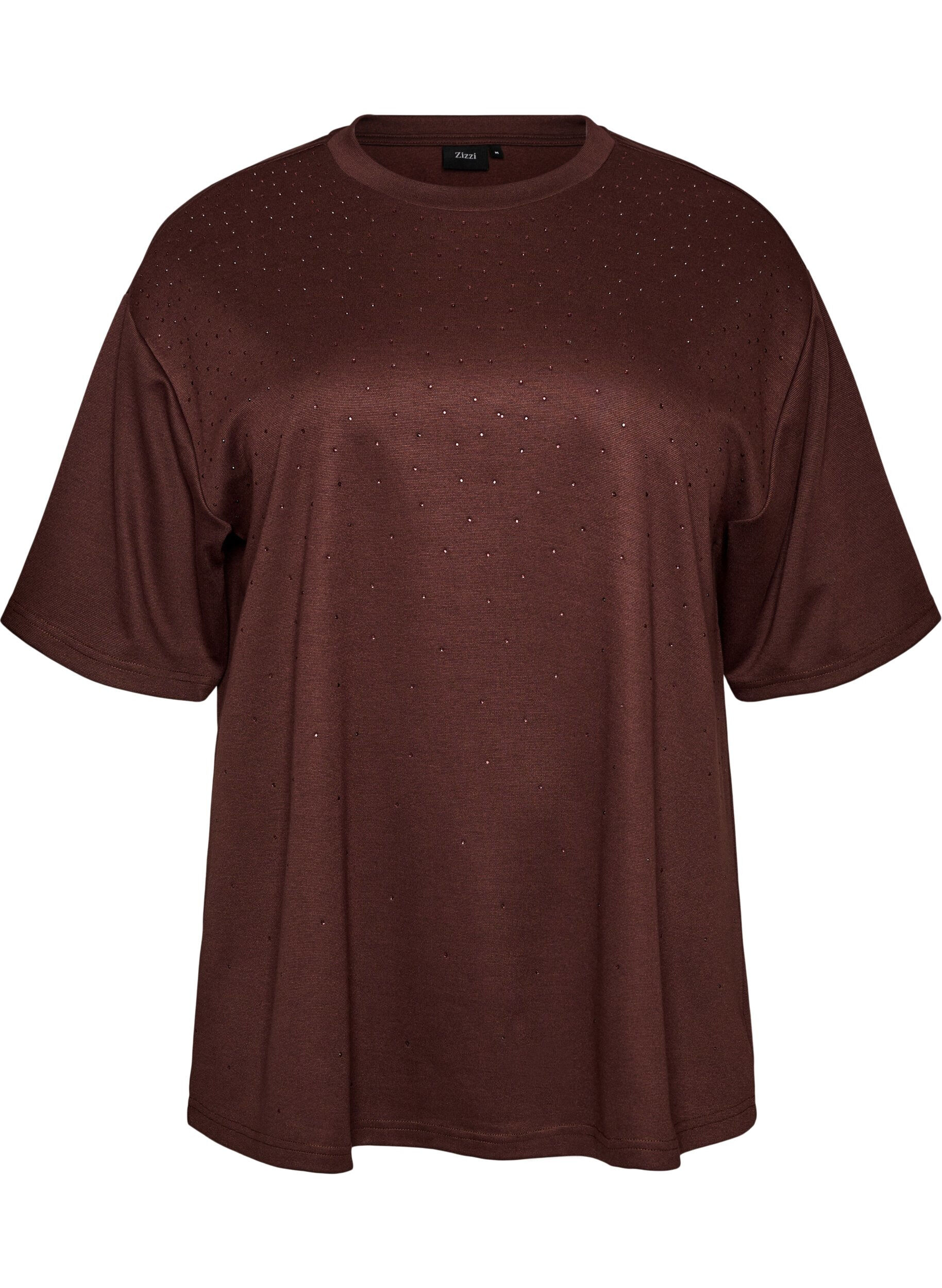 ZizziT-shirt met strass-steentjes en ronde hals, Bruin, Packshot image number 0