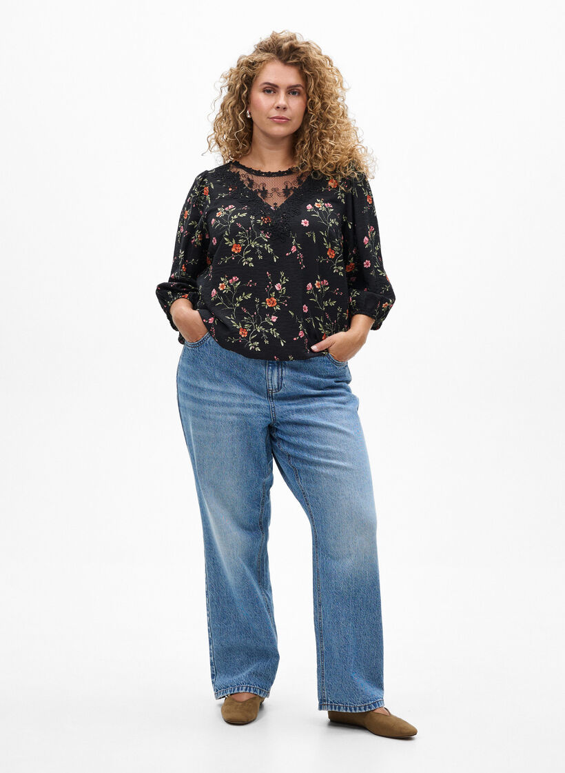 Blouse met 3/4 mouwen en kantdetails, Zwart, Model image number 1