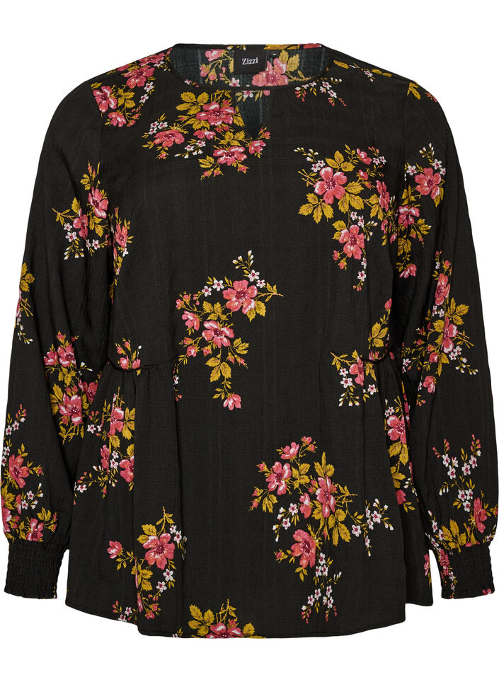 Blouse met lange mouwen en bloemenprint, Zwart, Packshot image number 0