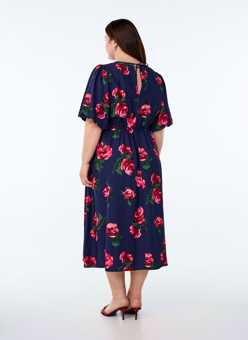 Midi-jurk met rozenprint en korte ballonmouwen, Blauw, Model image number 2