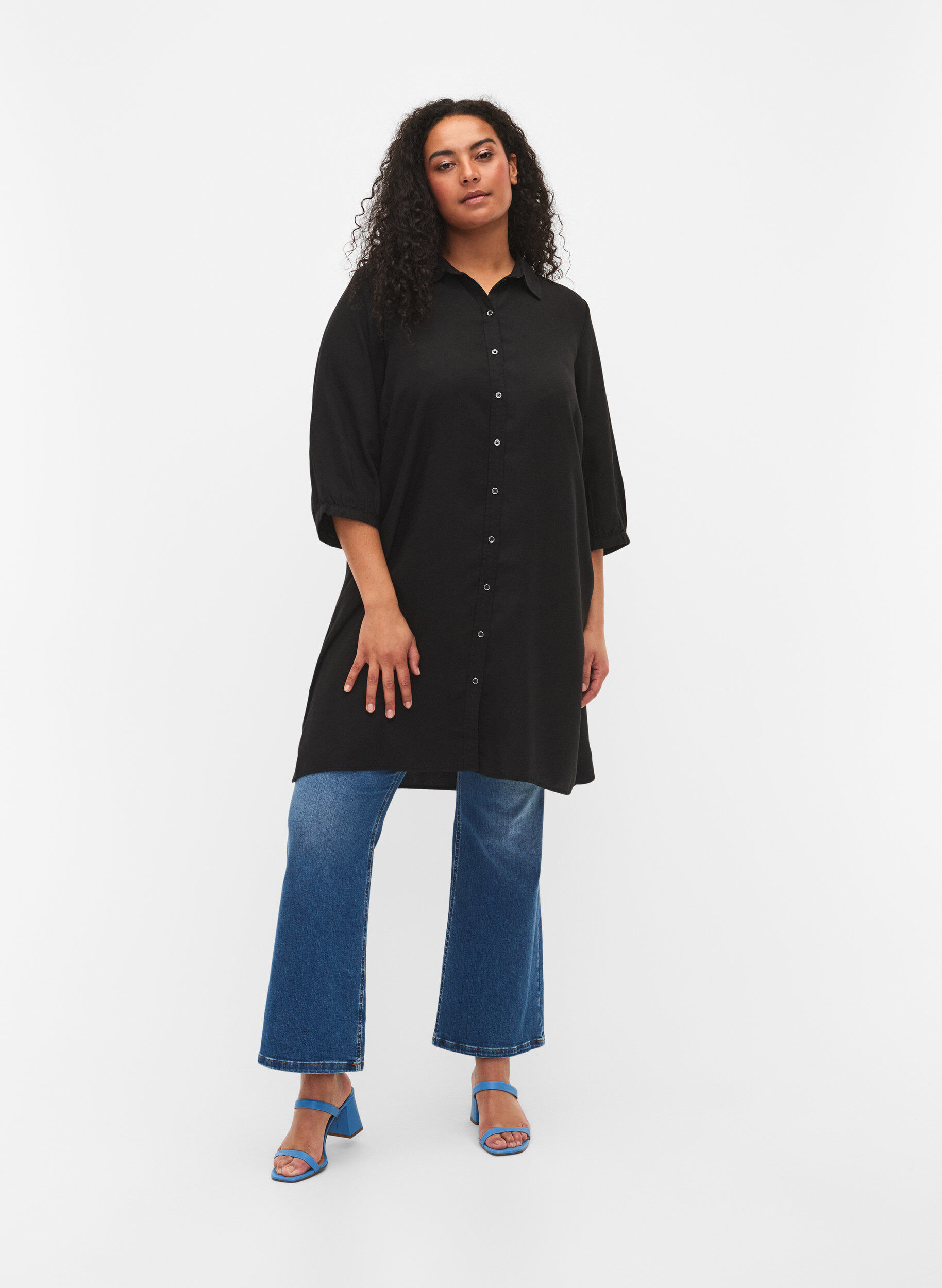 Zizzi Lang overhemd met 3/4-mouwen van lyocell (TENCEL&trade;), Black, Model image number 2