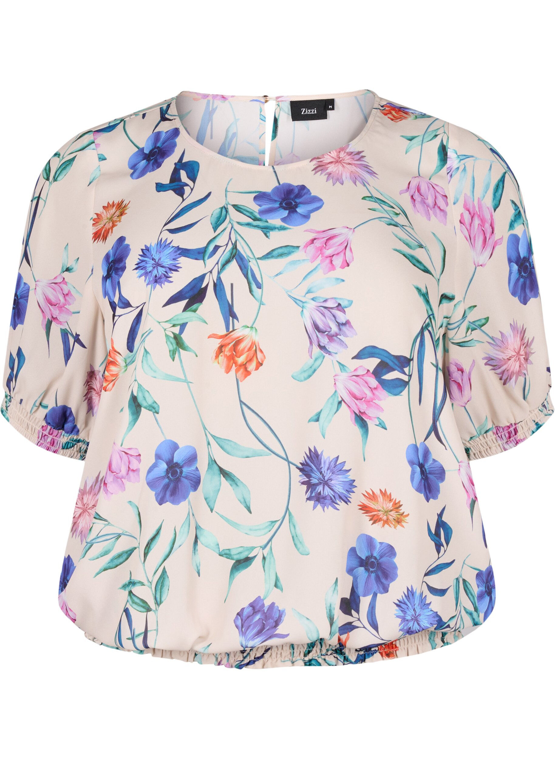 Zizzi Gebloemde blouse met smokwerk, Blauw, Packshot image number 0