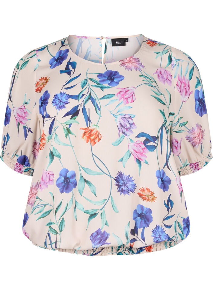 Gebloemde blouse met smokwerk, Blauw, Packshot image number 0